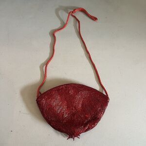 Red Beaded Purse Trim Tassels with Rope Strap Macau Cocktail Shoulder Bag Cute!